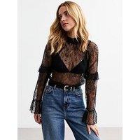 New Look Ruffle Trimmed High Neck Lace Top - Black