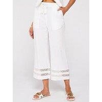 V By Very Linen Blend Crop Trousers With Lace Trim Hem - White