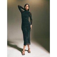 New Look Crystal High Neck Stretch Mesh Midi Dress - Black