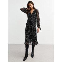 New Look Spotted Ruffle Trim Chiffon Midi Dress - Black