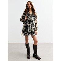 New Look Cream Floral Tie Neck Chiffon Mini Dress - Print