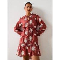 V By Very Tie Neck Embroidered Mini Dress - Dark Red