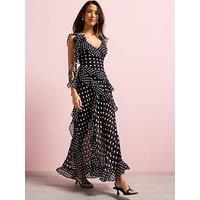 V By Very Ruffle Polka Dot Chiffon Maxi Dress - Black