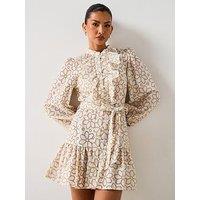 V By Very Contrast Embroidered Mini Shirt Dress - Cream