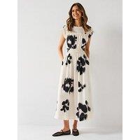 V By Very Shirred Detail Printed Midi Dress - Cream