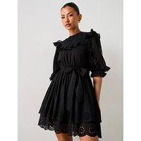 V By Very Frill Embroidered Mini Dress - Black