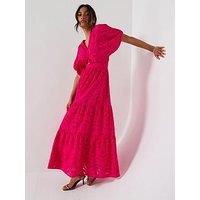 V By Very Broderie Twist Front Midaxi Dress - Pink