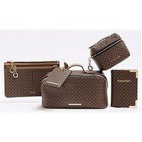 River Island Brown Faux Leather Ri Monogram Travel Bundle (Passport Holder/Makeup Bag, Travel Pouch And Travel Bag)
