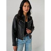 V By Very Eyelet Detail Faux Leather & Suede Jacket - Black