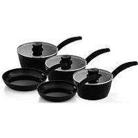 Swan Stealth 5 Piece Cookware Set With Superior Ceramic Coating, 18/20/22Cm Saucepans With Tempered Glass Lids, 20/24Cm Frying Pans, Induction Compatible, Black
