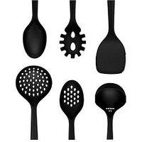Swan Stealth 6 Piece Kitchen Tool Set, Spaghetti Server, Solid Spoon, Slotted Spoon, Solid Turner, Ladle, Skimmer, Soft Touch Handles, Hanging Holes, Black