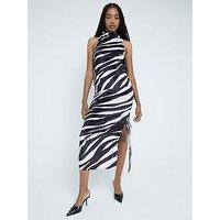 River Island Zebra Velvet Ruched Midi Dress - Black