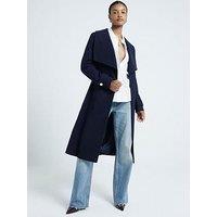 River Island Faux Wool Belted Wrap Coat - Navy