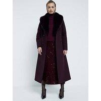 River Island Faux Fur Collar Double Breasted Coat - Dark Red
