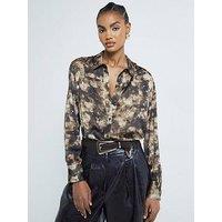 River Island Satin Printed Longline Shirt - Brown
