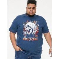 D555 Neal Skull With Flames Printed Crew Neck T-Shirt - Navy