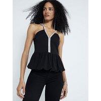 River Island Diamante Trim Puff Hem Top - Black