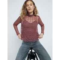 River Island Floral Sequin Mesh Top - Dark Red