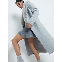 River Island Faux Fur Collar Double Breasted Coat - Light Grey