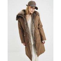 River Island Faux Fur Lined Parka - Dark Khaki
