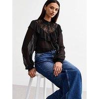 New Look Lace Frill Trim Sheer Chiffon Top - Black
