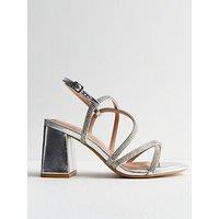 New Look Wide Fit Diamante Strappy Block Heel Sandals - Silver