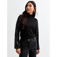 New Look Sequin Sleeve Knitted Top - Black