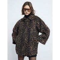 River Island Leopard Funnel Neck Coat - Dark Brown