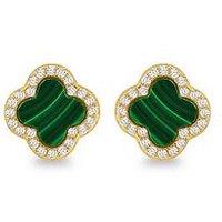 The Love Collection Sterling Silver Yellow Gold Plated 11Mm X 11Mm Clover Malachite And 1Mm White Cz Stud Earrings