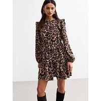 New Look Brown Leopard Lace Trim Ruffle Mini Dress - Print