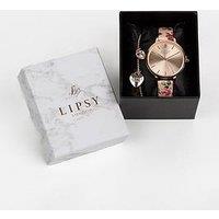 Lipsy Pink Floral Pattern Strap And Rose Gold Bracelet Set