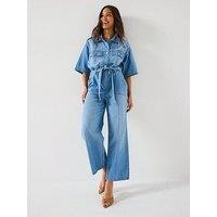 V By Very Revere Collar Denim Jumpsuit - Mid Wash