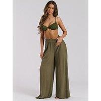 South Beach Crinkle Viscose Wide Leg Trousers - Khaki