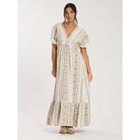 South Beach Jacquard V Neck Maxi Dress - Beige