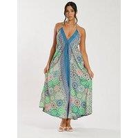South Beach Printed Halter Scarf Maxi Dress - Green