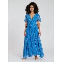 South Beach Printed Metallic Chiffon Button Detail Midi Dress - Blue