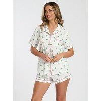 Loungeable Cactus Printed Dobby Short Sleeve Shirt And Short - White