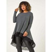 Roman Curve Glitter Chiffon Hem Tunic Top - Grey