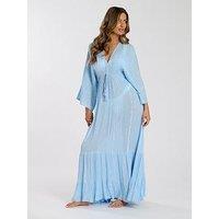 South Beach Metallic Kimono Sleeve Beach Maxi Dress - Blue