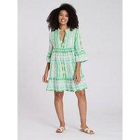 South Beach Jacquard 3/4 Sleeve Tiered Mini Dress - Green
