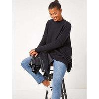 Roman High Neck Longline Knit Jumper - Black