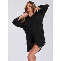 South Beach Nehru Collar Double Pocket Beach Shirt - Black