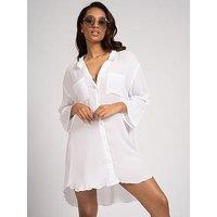 South Beach Nehru Collar Double Pocket Beach Shirt - White