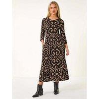 Roman Petite Geo Print Gathered Midi Dress - Beige