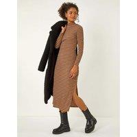 Roman High Neck Stripe Bodycon Midi Dress - Mocha