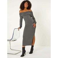Roman Off The Shoulder Stretch Bardot Midi Dress - Grey