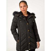 Roman Petite Hooded Longline Quilted Coat - Black