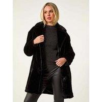 Roman Petite Longline Pocket Fur Coat - Black