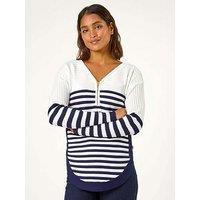 Roman Stripe Zip Front Ribbed Knit Jumper - White