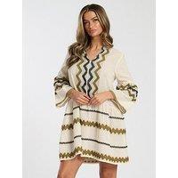 South Beach Jacquard Drop Hem Tiered Mini Dress - Khaki